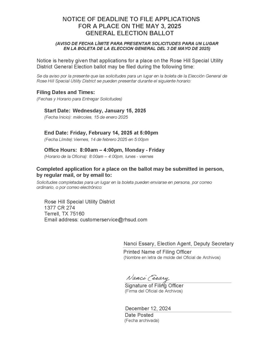 Notice of Deadline to File Applications for Place on the Ballot